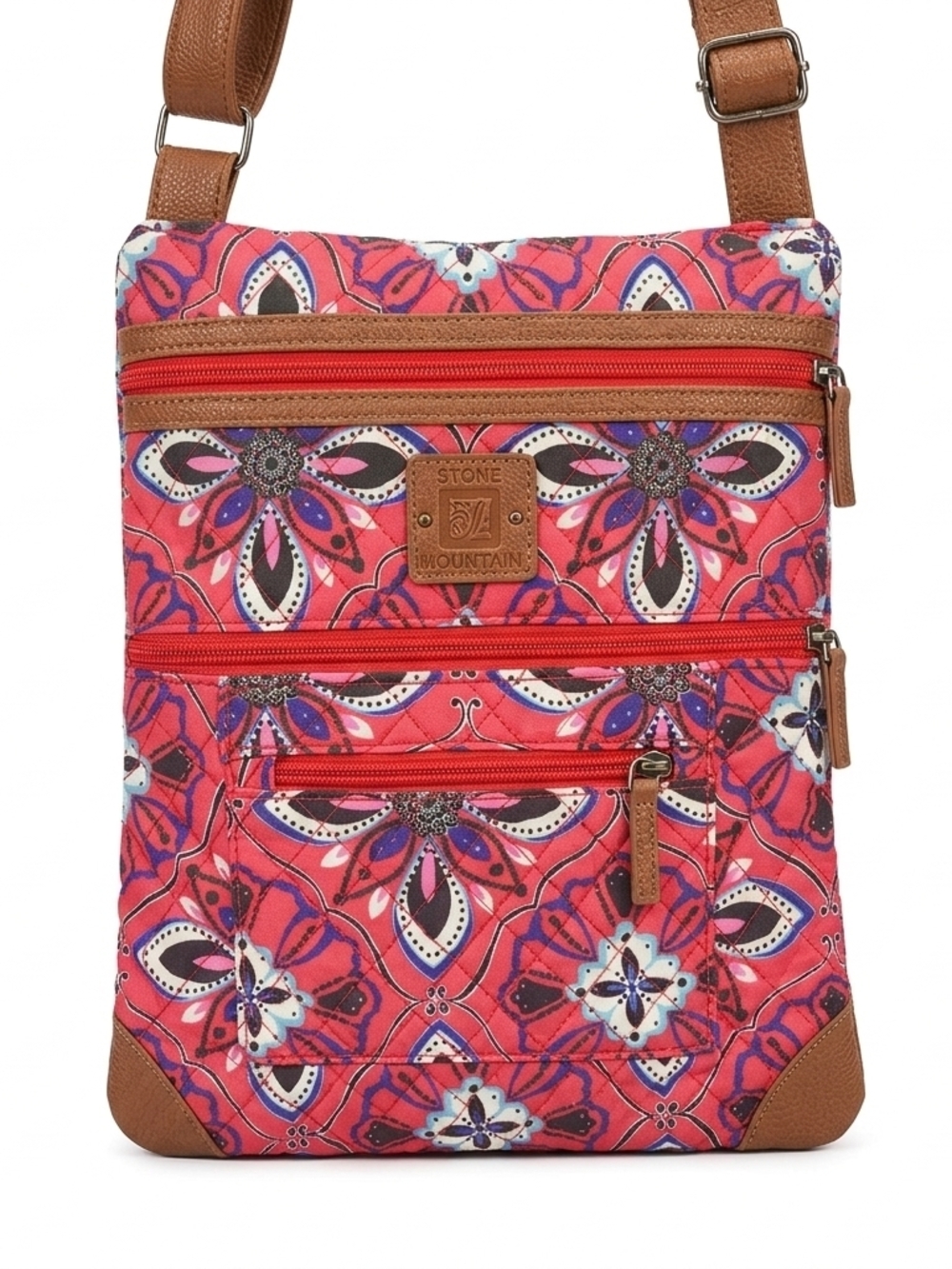 Stone Mountain Accessories Red-Pink Floral Crossbody Bag with Brown Trim